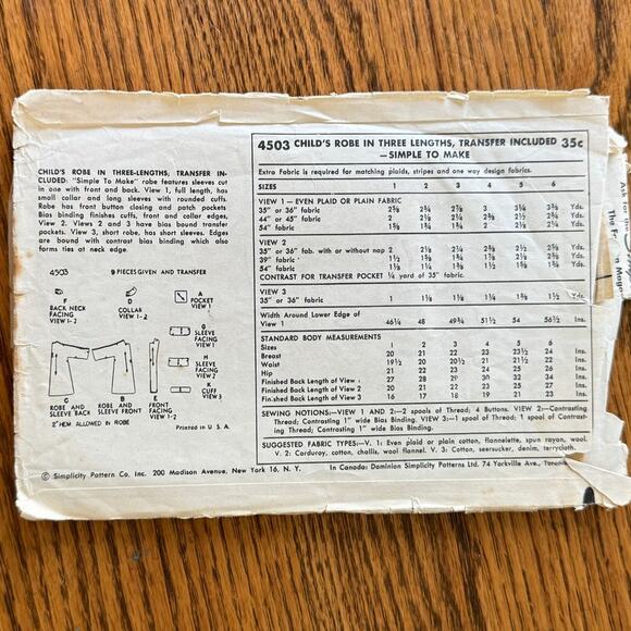Vintage 1950s Simplicity 4503 Sewing Pattern Size 2 Toddler Robe Coat Cover Up - Picture 2 of 2